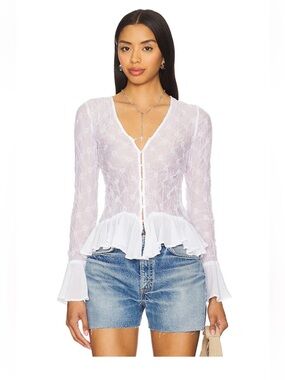 Free People Elias Smocked Boho White Ruffled Sheer Top NWOT